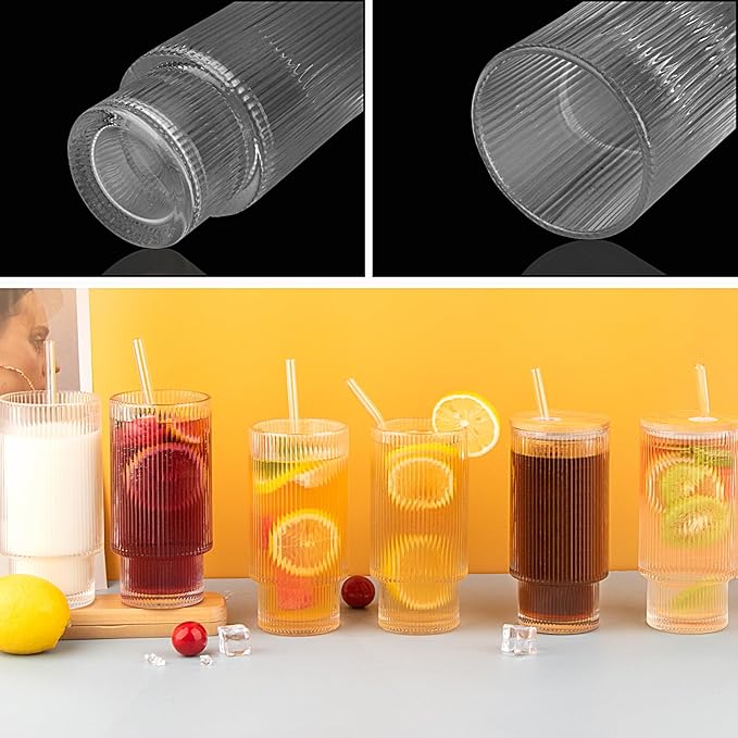 6 Pcs 16oz Ribbed Glass Cups With Bamboo Lids, Stackable, Suitable for Coffee, Juice, Cocktails, Beer