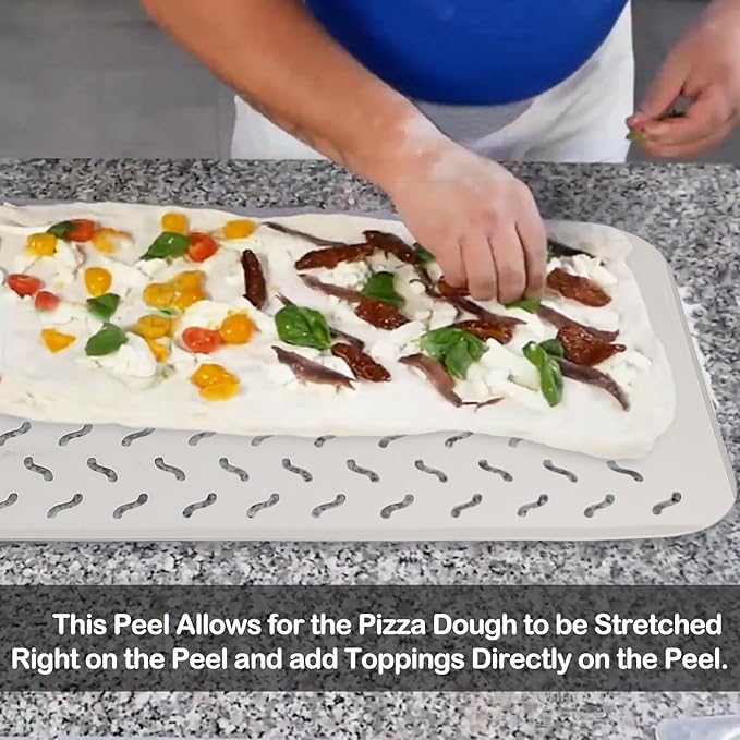 Pizza Peel Metal Rectangular Perforated Pizza Peel With Wood Handle 20 x 11 Inch Aluminum Lightweight Pizza Paddle Pizza Oven Accessories