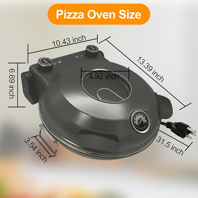 Pizza Oven Indoor, 12 Inch Retro Pizza Maker, Rapid Heating 800˚F, 1200W Glazed Ceramic Stone Electric Pizza Cooker, Two-button Precise Temperature Control, Viewing Window for Precise Cooking