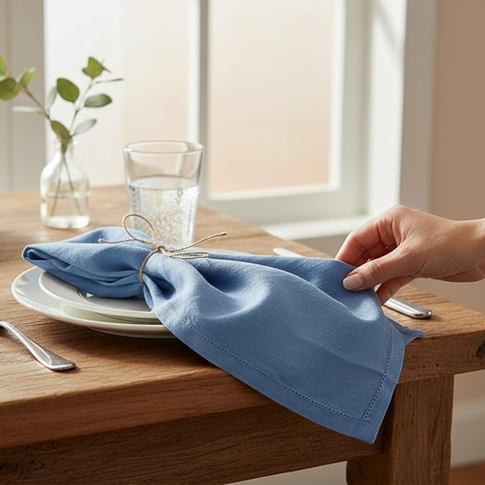 Hemstitched Linen Napkins – 20 Inch x 20 Inch – Stonewashed Pure Linen Cloth Dinner Napkins with Mitered Corners - 100% French Flax – Machine Washable - Set of 4 (Dusty Pastel Blue)