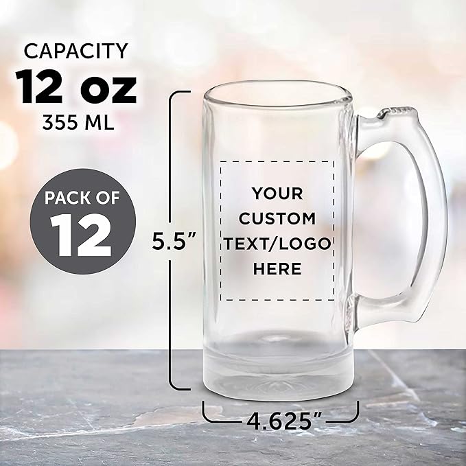 12 Libbey Beer Mugs Set, 12 oz. - Customizable Text, Logo - Groomsmen Glassware - Clear