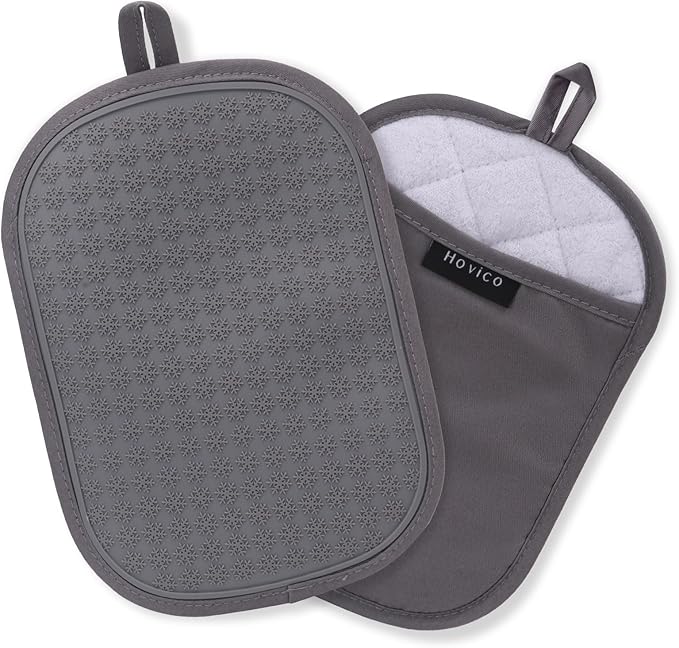 Hovico 2PCS Silicone Pot Holders, Oven Mitts Heat Resistant Hot Pads with Pockets, Non Slip Pot Holder for Kitchen Baking and Cooking| 9.8 x 7 Inches | Towel Cloth Interior Lining - Gray