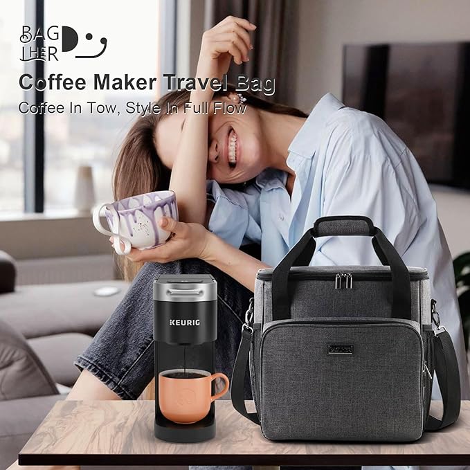 BAGLHER Coffee Maker Travel Bag Compatible with Keurig K-Slim, Keurig K-Supreme or Other Accessories, Portable Coffee Maker Case with Shoulder Strap for Travel, Grey