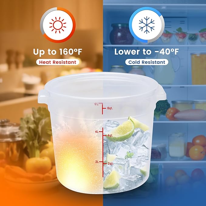 4 Pack 6QT Round Food Storage Containers with Lids, BPA-Free Polypropylene NSF Commercial Food Container, with Labels & Measuring Cup