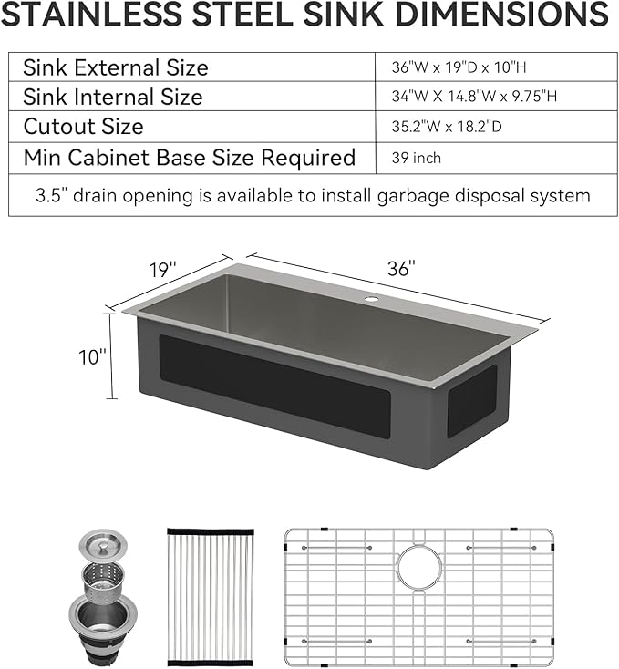 Lordear 36 Drop in Kitchen Sink - 36 x 19 Inch Topmount Kitchen Sink 16 Gauge Stainless Steel Single Bowl Deep Handmade Overmount Kitchen Sink with Drain Strainer
