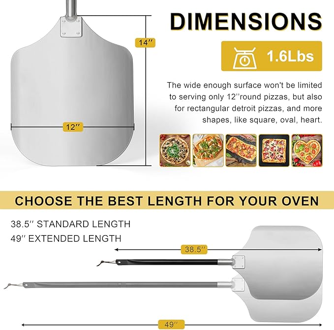 Pizza Peel Aluminum Pizzas Spatula (12 Inch), Joyfair Long Handle Metal Pizza Paddle with Cutter Rocker Pizza Oven Accessories Turning Tool Kit, Commercial Grade (Extent length 38.5’’ to 49’’)