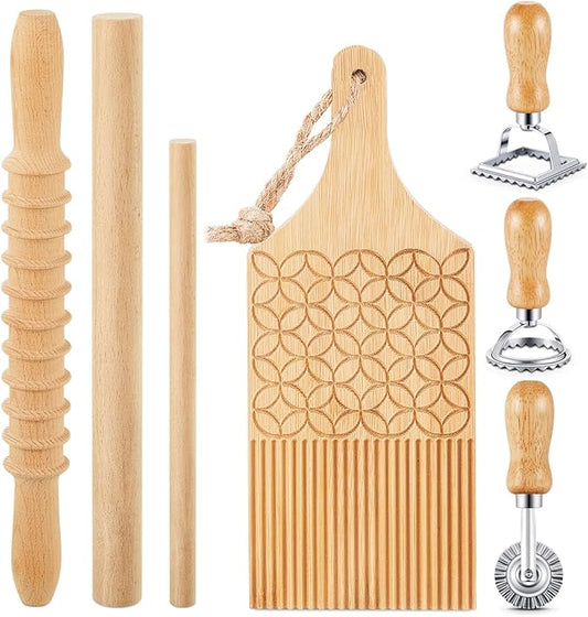 Tioncy 7 Pcs Pasta Making Tool Set Wood Gnocchi Board with Ravioli Stamp Ravioli Maker and Rolling Pin Homemade Gnocco Maker Kitchen Gift for Christmas Baking Lovers(Pattern Gnocchi Board Set)