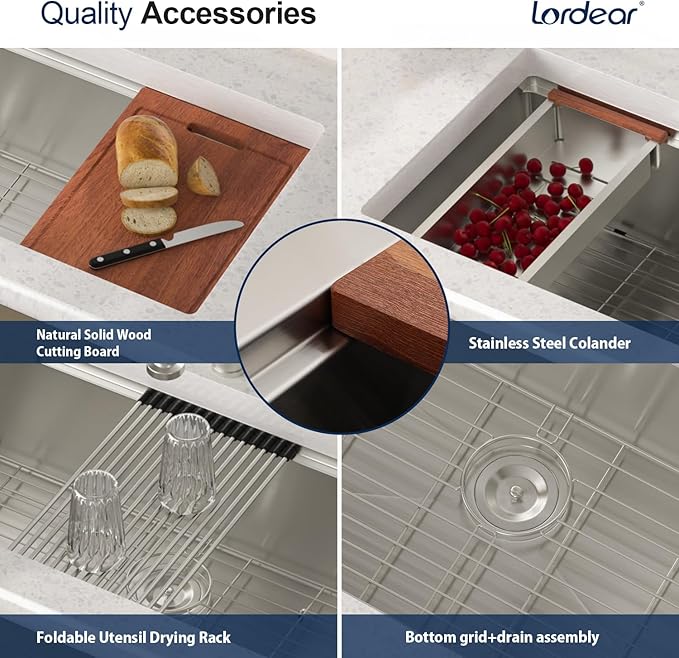 Lordear 45 Inch Undermount Kitchen Sink Ledge Workstation 16 Gauge Stainless Steel Single Bowl Under Counter Kitchen Sink with Built-in Accessories 45''x19''x10''