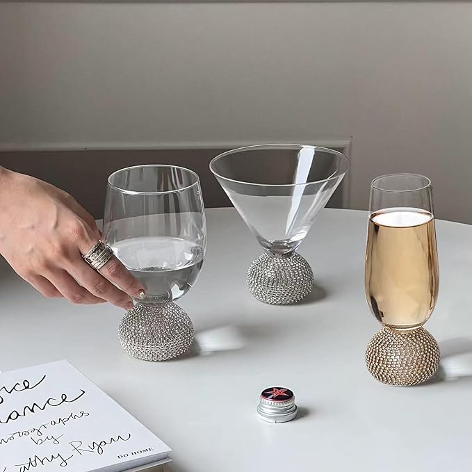 Champagne Flutes set of 4,Stemless Wedding Champagne Glasses,Unbreakable Crystal Fancy Mimosa Glasses,10 Oz Short Handle Champagne Flutes,for Engagement,Bachelorette Party,Birthday(Silver Clear)