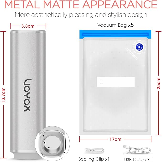 VOYOR Handheld Vacuum Sealer, Portable Vacuum Sealer Kit with Vacuum Bags Cordless Automatic Vacuum Pump for Food Preservation Type-C Charging and Long Lasting Food Vacuum (1 Pump+5 Bags)