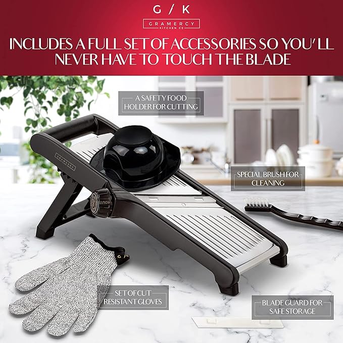 Gramercy Mandoline Food Slicer, Vegetable Cutter, Potato Slicer, Mandolin for Kitchen, Veggie Cutter, Cucumber Tool - Comes with One Pair Cut-Resistant Gloves
