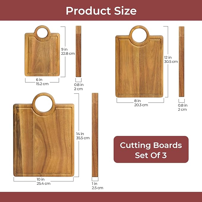 Acacia Wood Cutting Boards set of 3 with Juice Groove ＆ Handle Thickened Design Including Large(Chopping)/Medium(Prep)/Small(Serving) Multi-functional for Kitchen or Serving Tray
