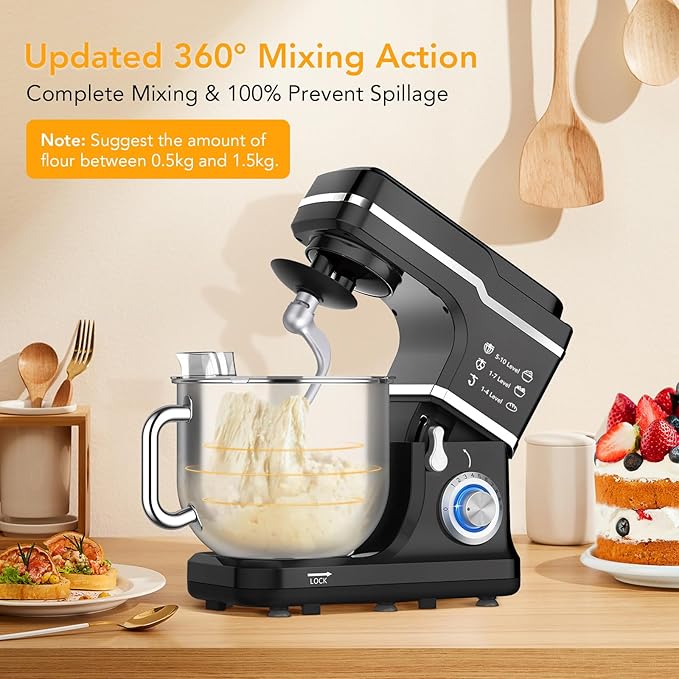Garvee 7.5QT Stand Food Mixer, 10-Speed Tilt Head 3-IN-1 Kitchen Electric Mixer with Stainless Steel Bowl, Egg Whisk, Dough Hook, Beater, Splash Guard, Compact Dough Mixer for Home Cooks, Black