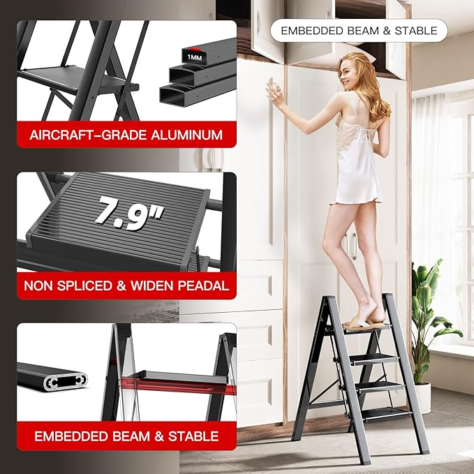 GameGem 4 Step Ladder Folding Step Stool with Anti-Slip Sturdy and Wide Pedal for Adults&Elderly, Aluminum Portable Lightweight Stepladder for Home Kitchen Office, Black, 330lbs