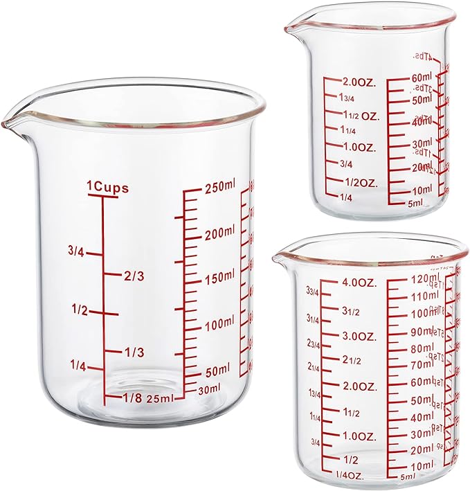 Ackers High Borosilicate Glass Measuring Cup Set with Pour Spout,60ml(2OZ),120ml(4OZ), 250ml(8OZ) Glass Measuring Beaker for Kitchen or Restaurant, Easy to Read