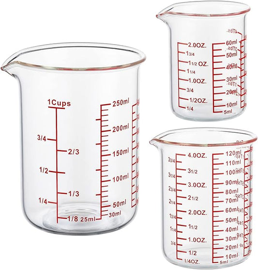 Ackers High Borosilicate Glass Measuring Cup Set with Pour Spout,60ml(2OZ),120ml(4OZ), 250ml(8OZ) Glass Measuring Beaker for Kitchen or Restaurant, Easy to Read