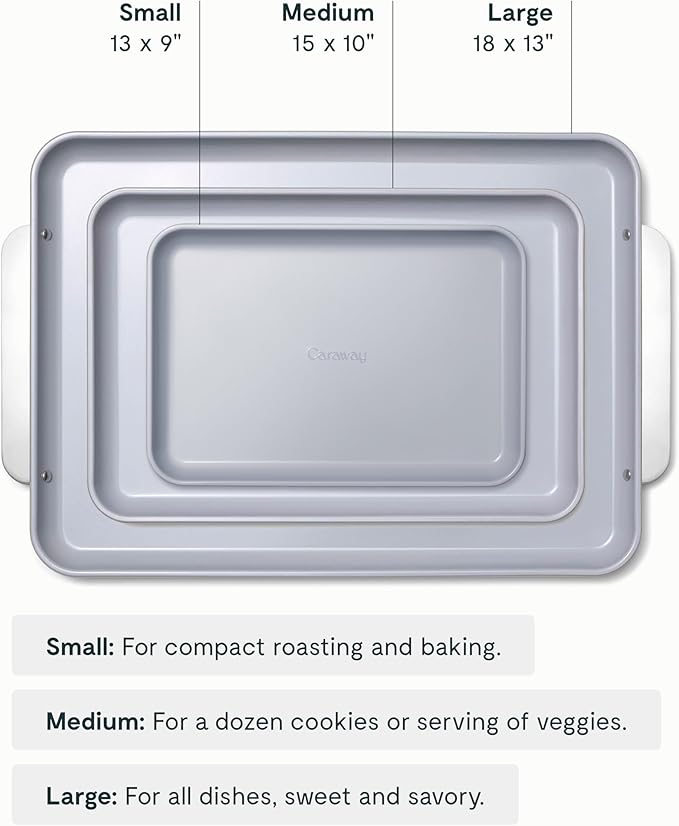 Caraway Non-Stick Ceramic Baking Sheet Trio - Naturally Slick Ceramic Coating - Non-Toxic, PTFE & PFOA Free - 18 x 13" Large, 15 x 10" Medium, & 9" x 13" Small - Navy