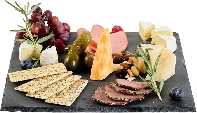 Restaurantware Slate Serving Tray 1 Pack of 12 x 12" Foam Feet Charcuterie Stone Plate Rustic Edges Freezable Black Square Serving Display Cheese Board for Kitchen, Gourmet, Dining, Parties