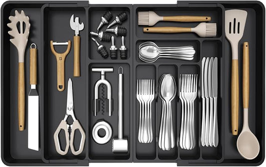 Lifewit Large Silverware Drawer Organizer, Plastic Cooking Utensil Tray for Kitchen, Expandable From 21 to 36 Inches, Adjustable Flatware Cutlery Spoon Fork Knife Spatula Gadgets Holder, Black