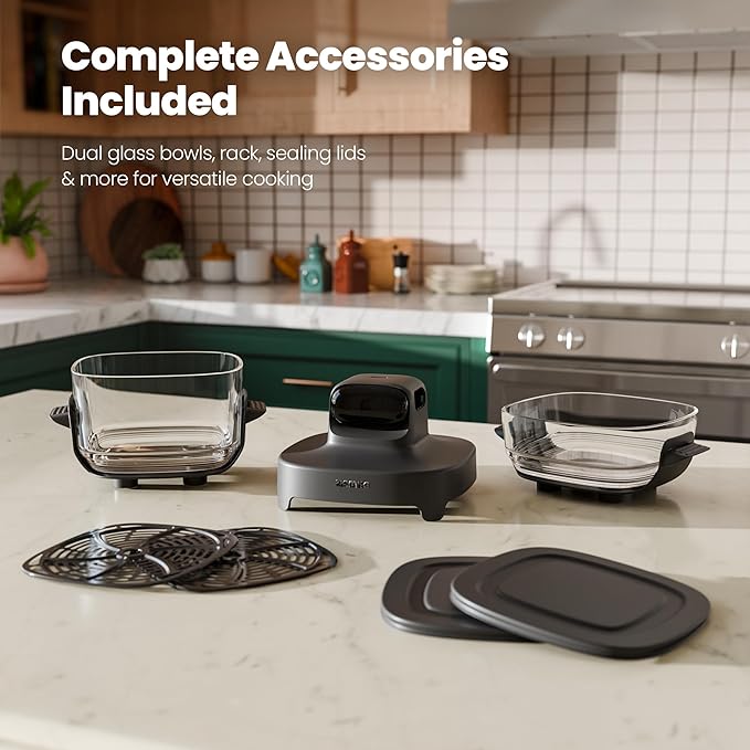 Kismile Upgraded 5-in-1 Glass Air Fryer, Portable Airfry with Dual Glass Bowl Design(4.7 QT & 2.6QT), Adjustable Temp &Time, Freezer & Dishwasher Safe, Bake, Roast, Air Fryer, Keep Warm, Crisp