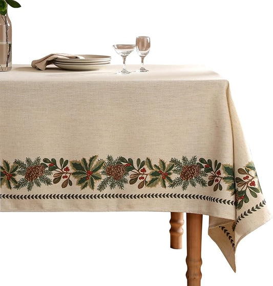Christmas Tablecloth for Rectangle Tables,Linen Table Cloth with Leaves and Pinecones Pattern,Heavy Durable Table Cover for Dining Thanksgiving Kitchen Party Banquet Christmas,63"*102"