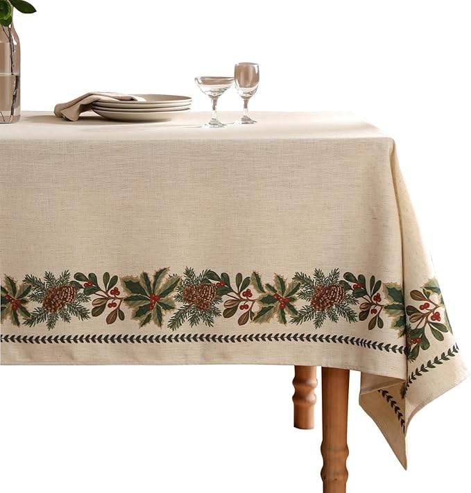 Christmas Tablecloth for Rectangle Tables,Linen Table Cloth with Leaves and Pinecones Pattern,Heavy Durable Table Cover for Dining Thanksgiving Kitchen Party Banquet Christmas,55"*79"