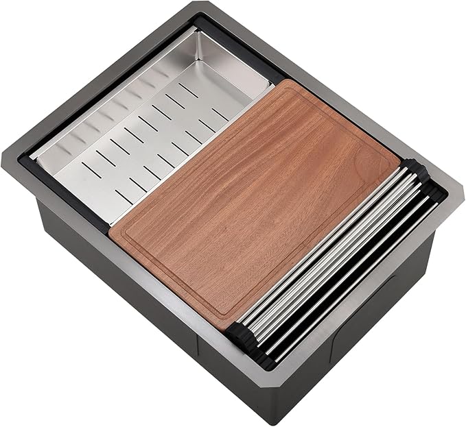 24 Inch Undermount Kitchen Sink Black 16 Gauge Stainless Steel Workstation Single Bowl Kitchen Sink Under Counter 10 Inch Deep Basin