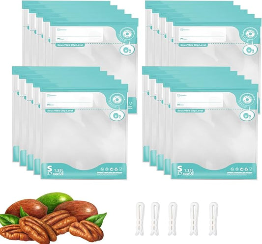 24PCS Sous Vide Bags Reusable, BPA Free Food Vacuum Sealer Bags, Thickened bag with a New Look, Vacuum Zipper Bags for Sous Vide Cooking, 20pcs food storage bags & 4 Seal Clips (8.2x 8.6 Inch))