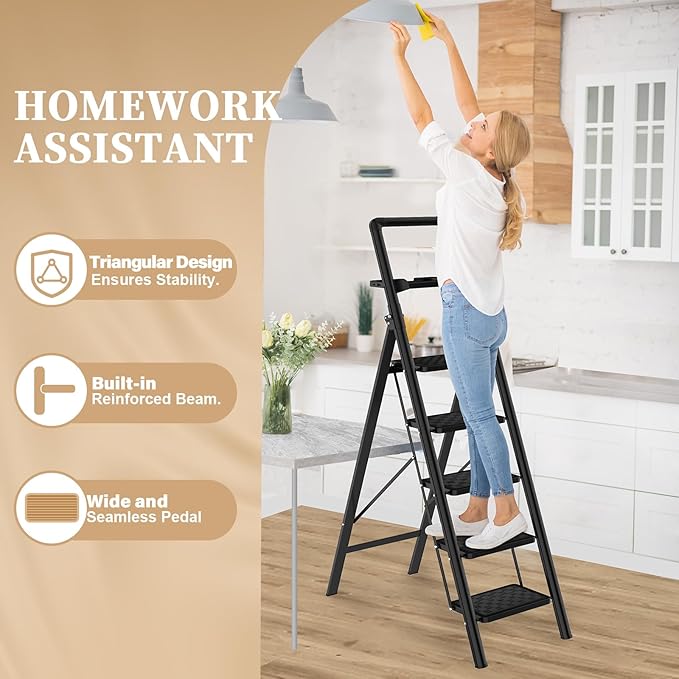 HBTower 5 Step Ladder, Folding Step Stool, Portable Sturdy Steel for Adults with Wide Pedals Home Outdoor Kitchen, Black