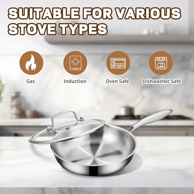 GOLDEN KEY 10 inch Tri-Ply Stainless Steel Pan,Stainless Steel Skillet with Lid,Frying Pan with Lid Compatible with All Cooktops Up to 600,Dishwasher Safe