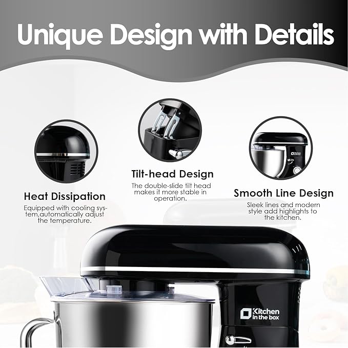 Kitchen in the box Stand Mixer, 900W 8.5QT Kitchen Electric Mixer, 6-Speed Large Capacity Food Mixer for Home Cooks with Egg Whisk, Dough Hook & Flat Beater (Black)