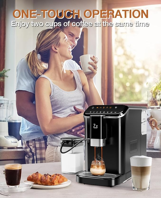 IDEALHOUSE Fully Automatic Espresso Machine with Built-In Grinder and Milk Frother, Touchscreen Control, 20 Bar Pressure, 1.5L Detachable Water Tank, One-Touch Latte & Cappuccino Maker, Black
