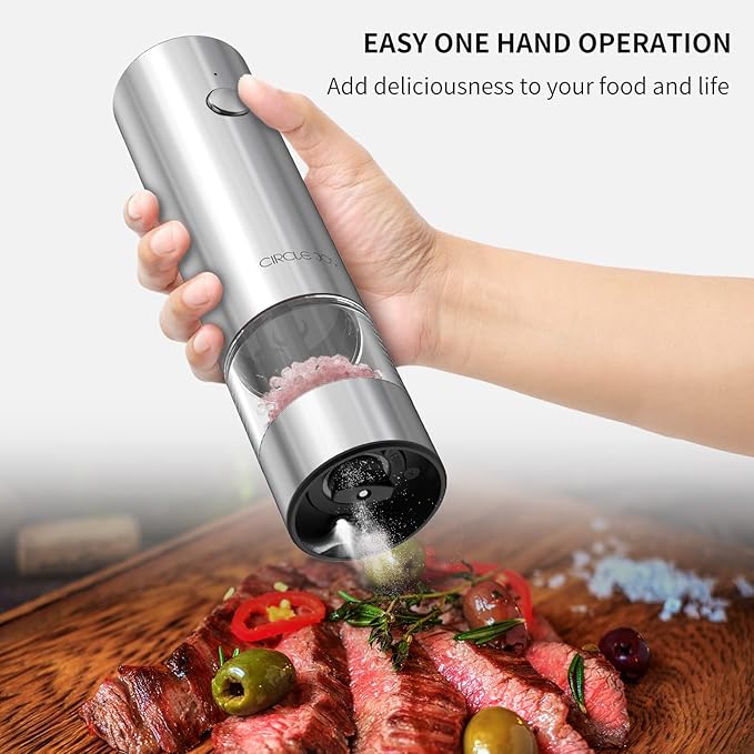 CIRCLE JOY Electric Salt and Pepper Grinder Set Stainless Steel Spice Grinder Automatic Pepper Mills with Easy-to-Carry Dual Charging Station, White Led Light, and Adjustable Coarseness, Silver