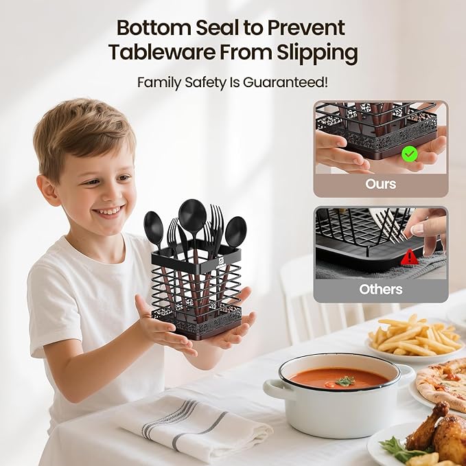 Extra Large Utensil Holder for Kitchen Counter, Matte Black Metal Cooking Utensil Caddy Organizer with Wooden Draining Base, Countertop Spatula Cutlery Storage with Silicone Dish Drying Mat