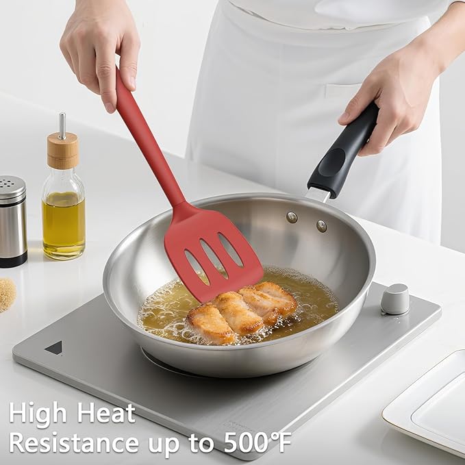 Coukre 3 Pack Silicone Spatula Set, High Heat Resistant, BPA-Free, Fish Spatula, Solid & Slotted Turner for Non-Stick Pans, Flipping Eggs, Pancakes, Fish, Burgers (3, PureRed)