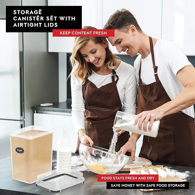 Extra Large Flour and Sugar Storage Containers 6.5L/220 Fl. oz; Set of 2 Plastic Bulk Airtight Food Storage Rice Containers With Lids - Kitchen Pantry Organizer and Storage Canisters, Marker & Labels