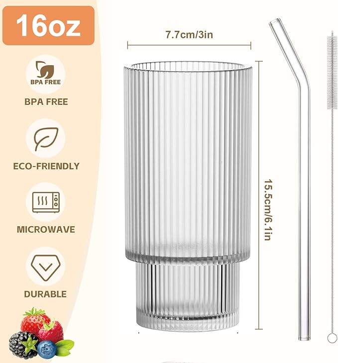16OZ Ribbed Glass Cups with Lids and Straws,Iced Coffee Cups with Lid,Vintage Glassware for Whiskey Cocktail Beer Fruit Juice Glasses Tumbler(1Pack)