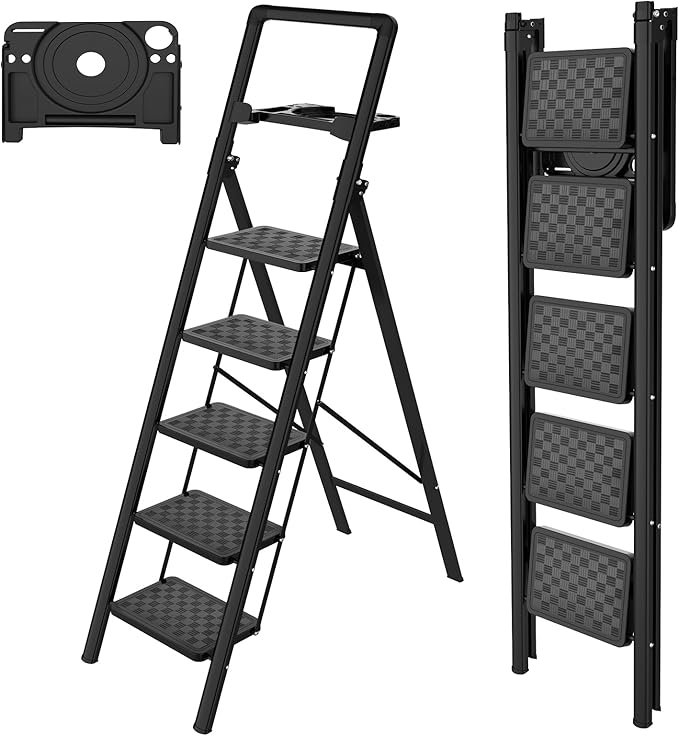 HBTower 5 Step Ladder, Folding Step Stool, Portable Sturdy Steel for Adults with Wide Pedals Home Outdoor Kitchen, Black