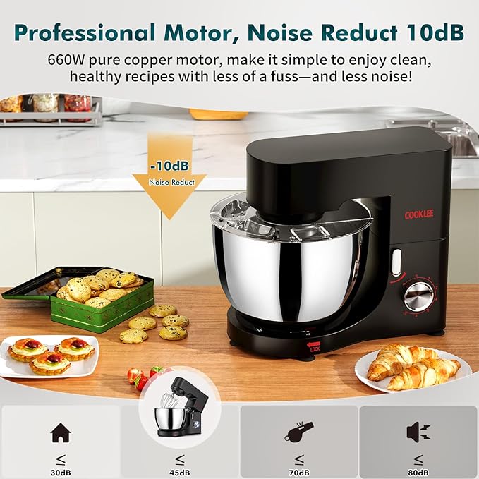 COOKLEE Stand Mixer, 9.5 Qt. 660W 10-Speed Electric Kitchen Mixer with Dishwasher-Safe Dough Hooks, Flat Beaters, Wire Whip & Pouring Shield Attachments for Most Home Cooks, Silver