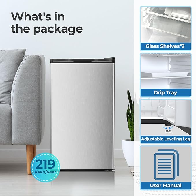 3.2 Cu.ft Mini Fridge with Freezer, Compact Refrigerator with Reversible Single Door, Adjustable Thermostat, Low Noise, Energy Efficient for Office, Dorm, Bedroom, Apartment