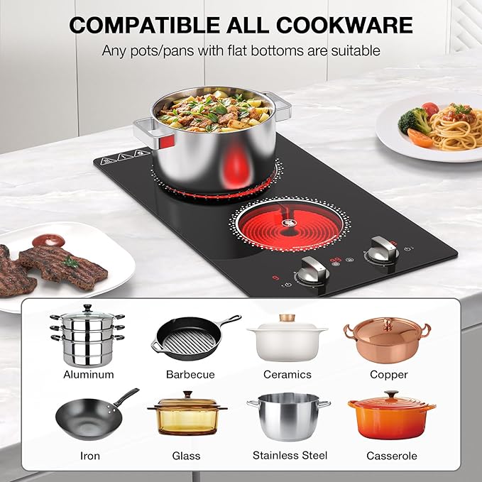 2 Burner Electric Cooktop - 12 Inch Electric Stove Top with Plug, 2100W Countertop Burners & Built-In Stove Top, 9 Levels of Power, Knob Control, Timer & Kid Safety Lock, Residual Heat Warning