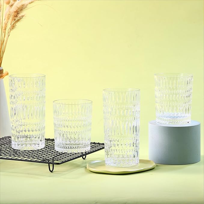 Glassware Drinking Glasses Set of 8, 14 oz Highball Glasses & 10 oz Ribbed Glass Cups, Vintage Glassware for Water, Juice, Cocktail, Whiskey (Clear)
