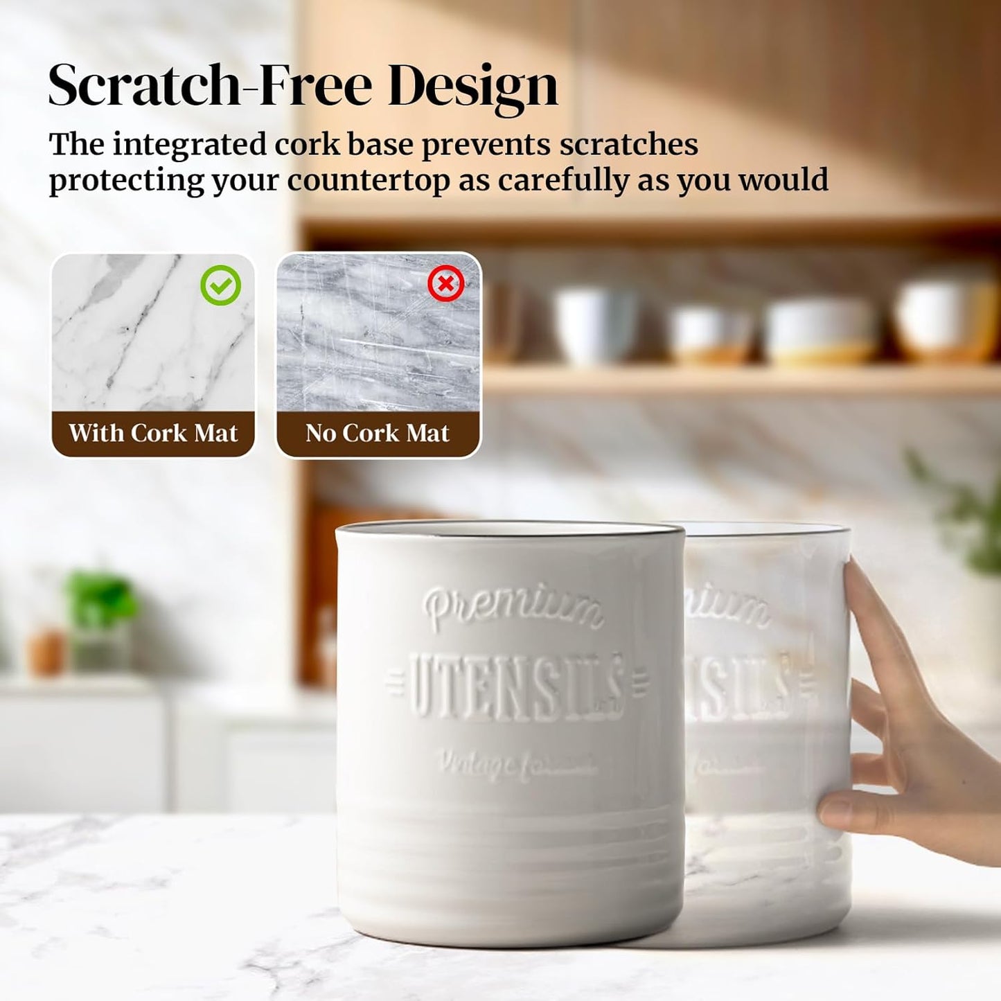 DOWAN 7.2″ Extra Large Kitchen Utensil Holder, Farmhouse Utensil Holder for Countertop, Ceramic Utensil Crock with Protection Cork Mat, Utensil Organizer for Kitchen Decor & Housewarming Gift, White