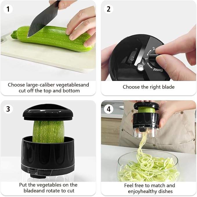 Handheld Spiralizer, 3-in-1 Zucchini Spiralizer Noodle Maker, Spiralizers for Veggie Noodles, Perfect for Zucchini, Carrots, & More, Portable Kitchen Tool (Black)