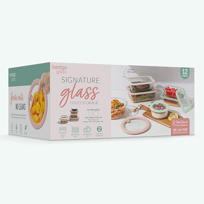 Bentgo Signature Leak-Proof Glass Food Storage - 12-Piece Set, 1-Compartment Meal Prep Plastic-Free Containers, Airtight Glass Lids, BPA-Free, Microwave, Freezer, Oven, Dishwasher Safe (Desert Sage)