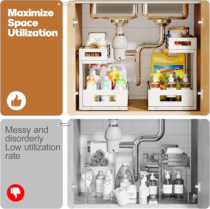 2-Pack 17"Deep Under Sink Organizer And Storage, 2-Tier L-Shaped Pull Out Cabinet Organizer with Upgraded Slide Rails, Height Adjustable Drawers for Kitchen&Bathroom, Extra-Large Storage Shelves–Gray