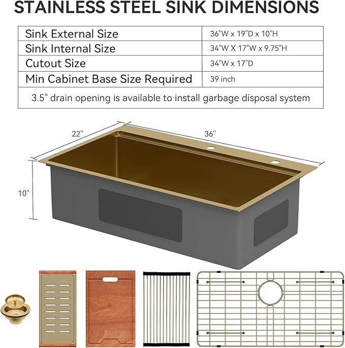 Lordear 36 Inch Gold Kitchen Sink Drop In Workstation Brushed Gold Stainless Steel 16 Gauge Single Bowl Handmade Topmount Kitchen Sink with Cutting Board
