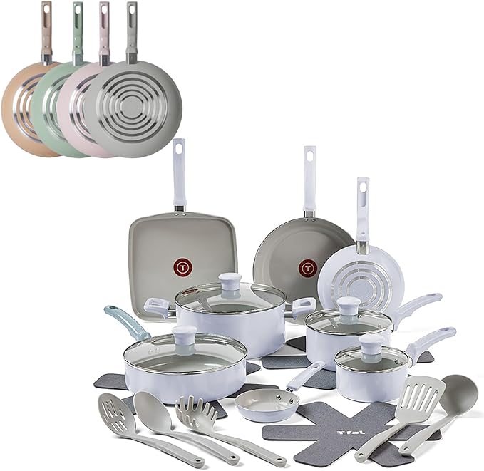 T-Fal Refresh Ceramic Nonstick Cookware Set, 20-Piece, Oven Safe to 350°F, Includes Stockpot, Griddle, Frying Pans, Utensils, Ceramic Pots and Pans Set, Blue