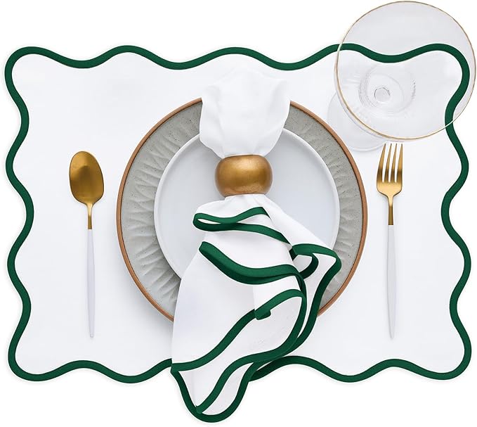 Solino Home Scallop Linen Cloth Napkins Set of 4-100% Pure Linen Christmas Green and White Dinner Napkins 20 x 20 Inch - Giselle Scallop Edge, Handcrafted and Machine Washable