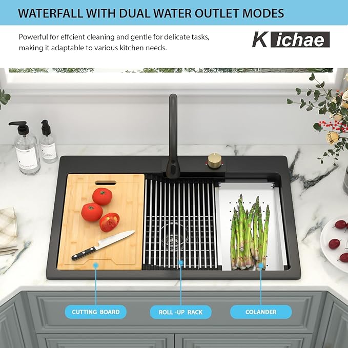 Kichae 33 Kitchen Sink Drop In Waterfall - 33"x22" Black Granite Quartz Composite Smart Single Bowl Waterfall Workstation with Pull Down Faucet Combo